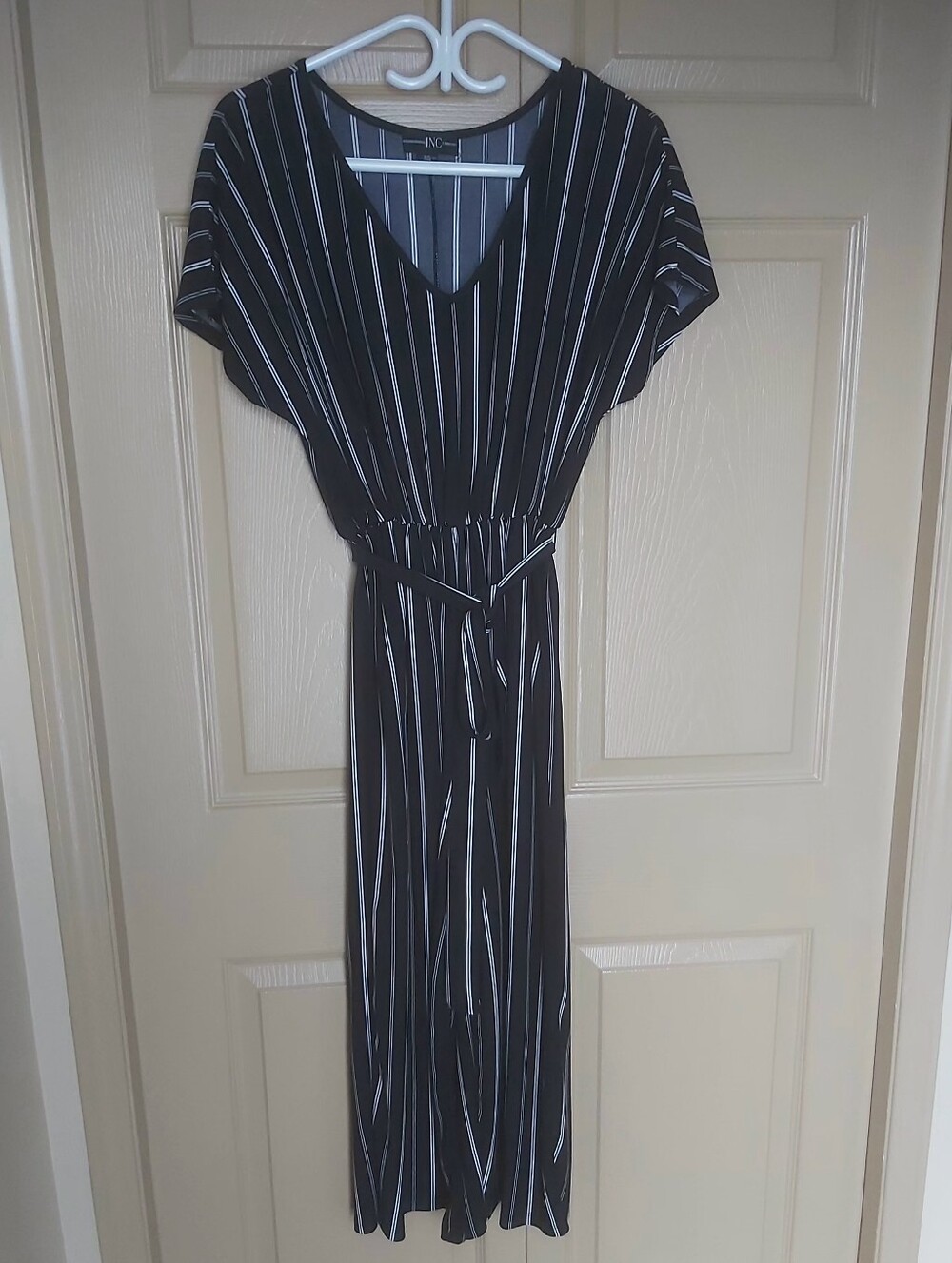 INC International Concepts Black and White Striped Jumpsuit with Waist Tie